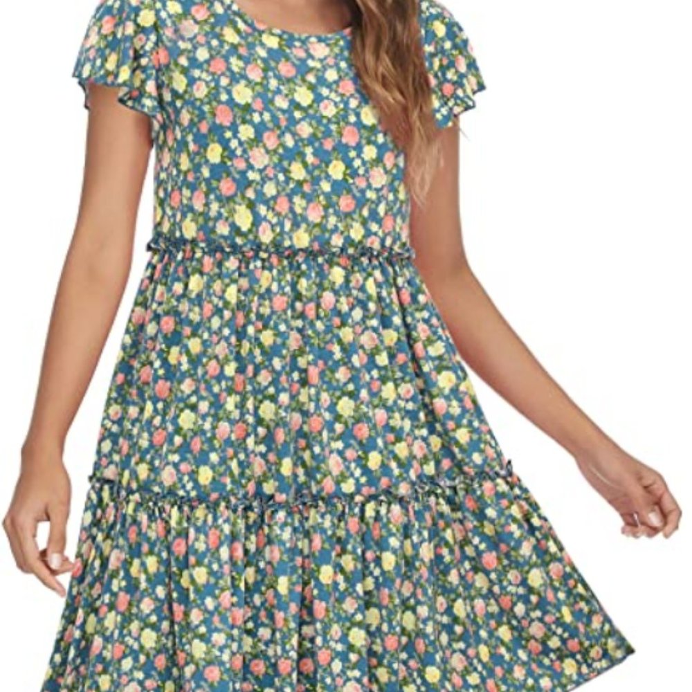 NEW NEVER WORN Missufe Women's Floral Print Flutter Sleeve Tiered Ruffle Swing